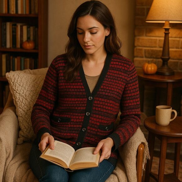 Jones New York Signature Red Black Textured Knit Cardigan Sweater XL Button - Picture 9 of 11